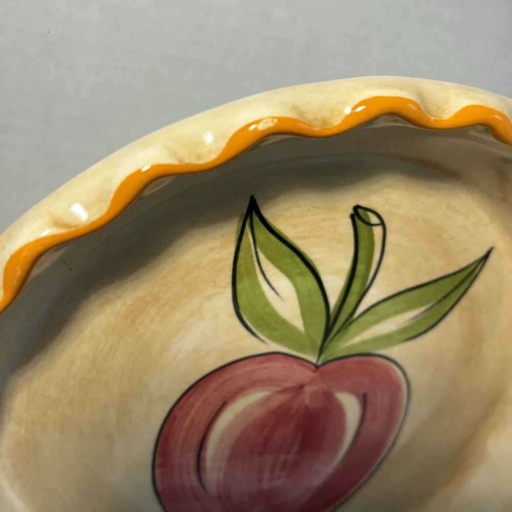 Los Angeles Potteries Ovenware Apple Pie Dish 9” Cream Tan Yellow Trim VTG 1971